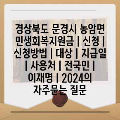 경상북도 문경시 농암면 민생회복지원금 | 신청 | 신청방법 | 대상 | 지급일 | 사용처 | 전국민 | 이재명 | 2024